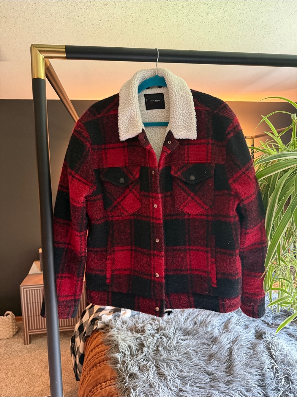 Lucky Brand Red & Black Plaid Sherpa Jacket. Brushed wool